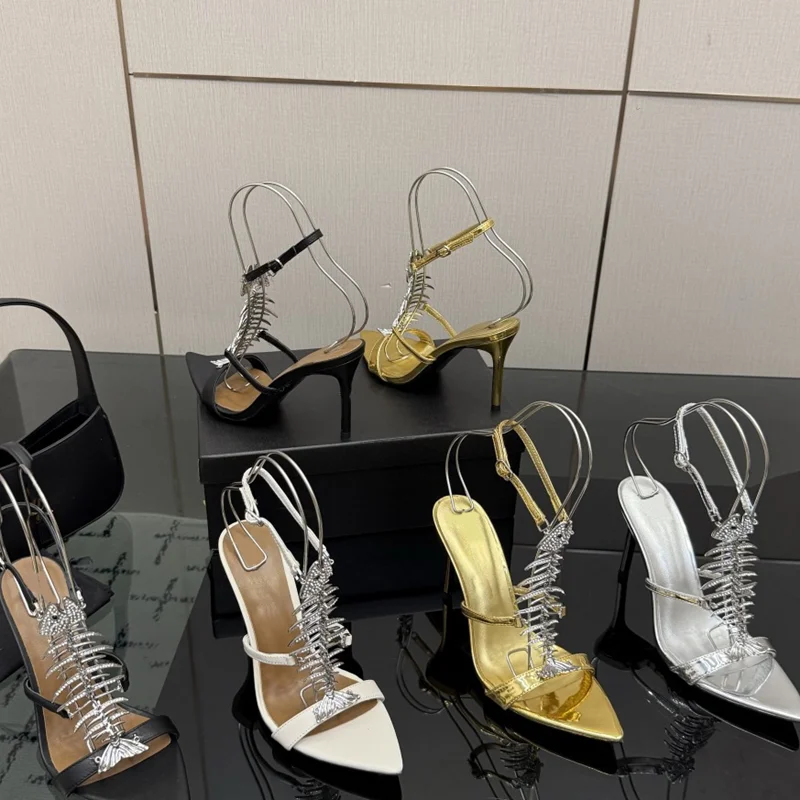 Crystal Fish Bone Pointed Toe Sandals Sexy Pointed Toe Stiletto Shingback Back Stra Customized New Arrivals Fashion Women Shoes