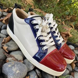 Red Patent Leather Toe Men Breathable Lace Up Flats Casual Shoes Low Top Sneakers Bottom Zapatillas Hombre Plus Size 38-47