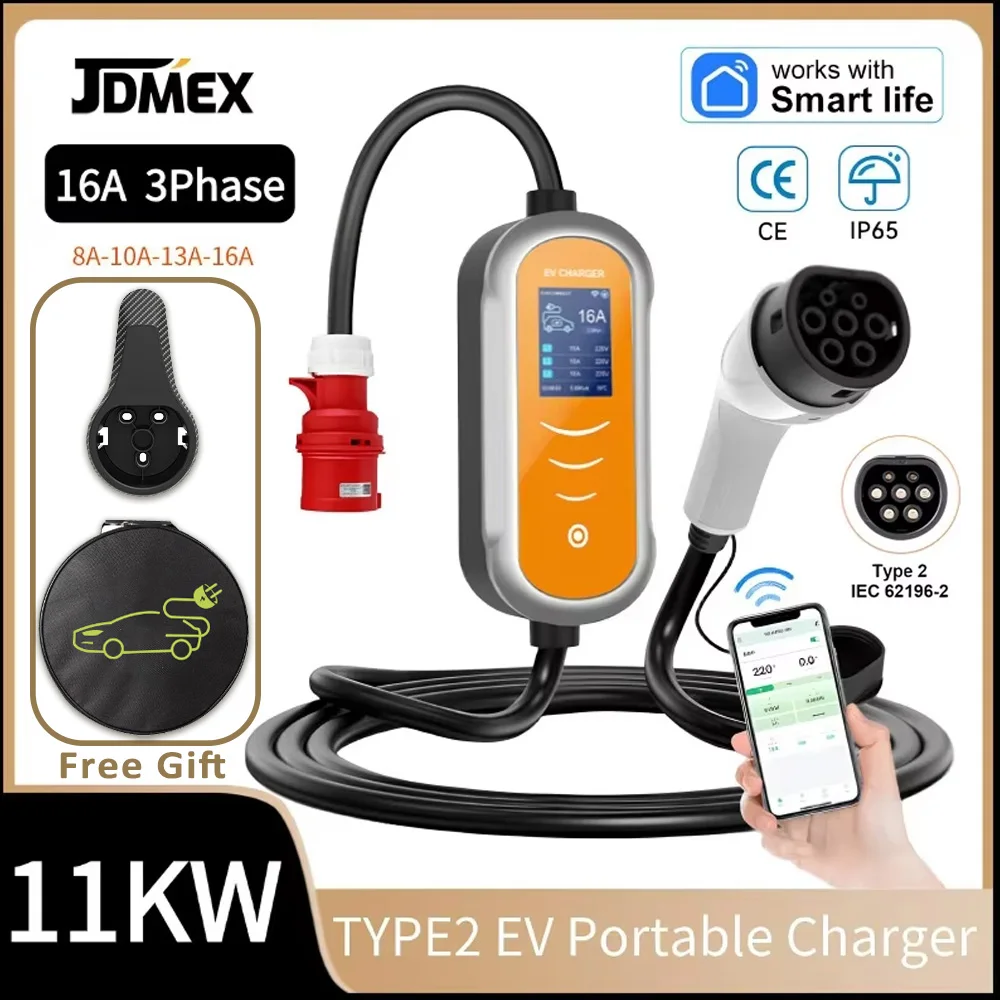 JDMEXType2PortableEVCharger11KW16A3PhaseIEC62196-2EVSEFastChargingCable5mCEEPlugforElectricCarAPPControl