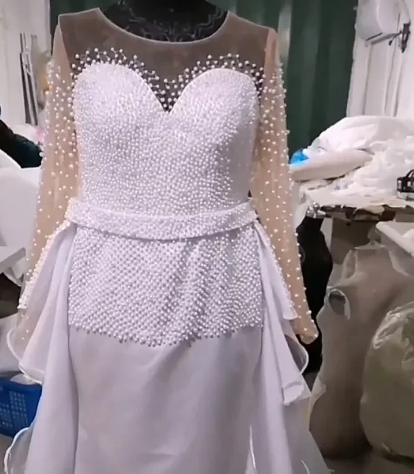 Angepasst African Nigeria Plus Größe Hochzeit Kleid Benutzerdefinierte Überrock Perlen Illusion Hochzeit Brautkleider Vestido De Novio