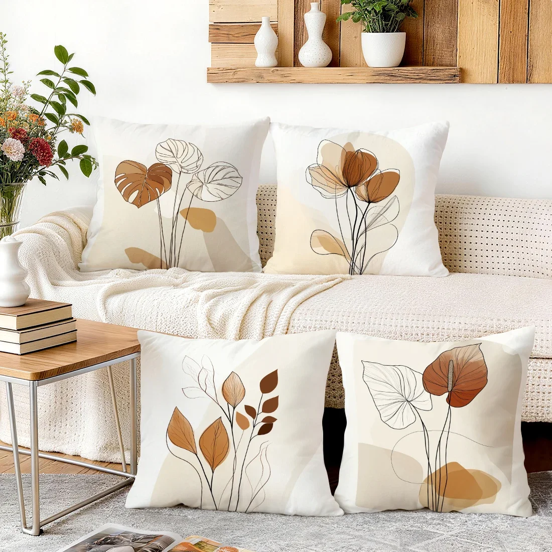 4 Pcs Minimalist Abstract Leaves Single-sided Printed Pillowcase Cushion Cover,suitable For Living Room,bedroom,car Decoration
