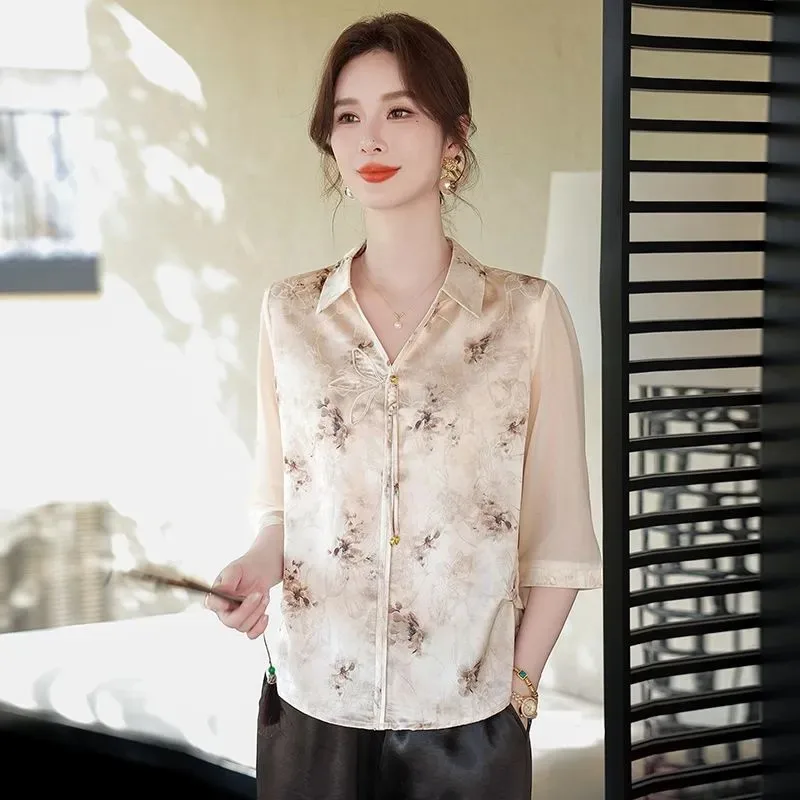 

Floral Print Half Sleeve Blouse Silk-like Fabric V-neck Casual Office Women's Shirt