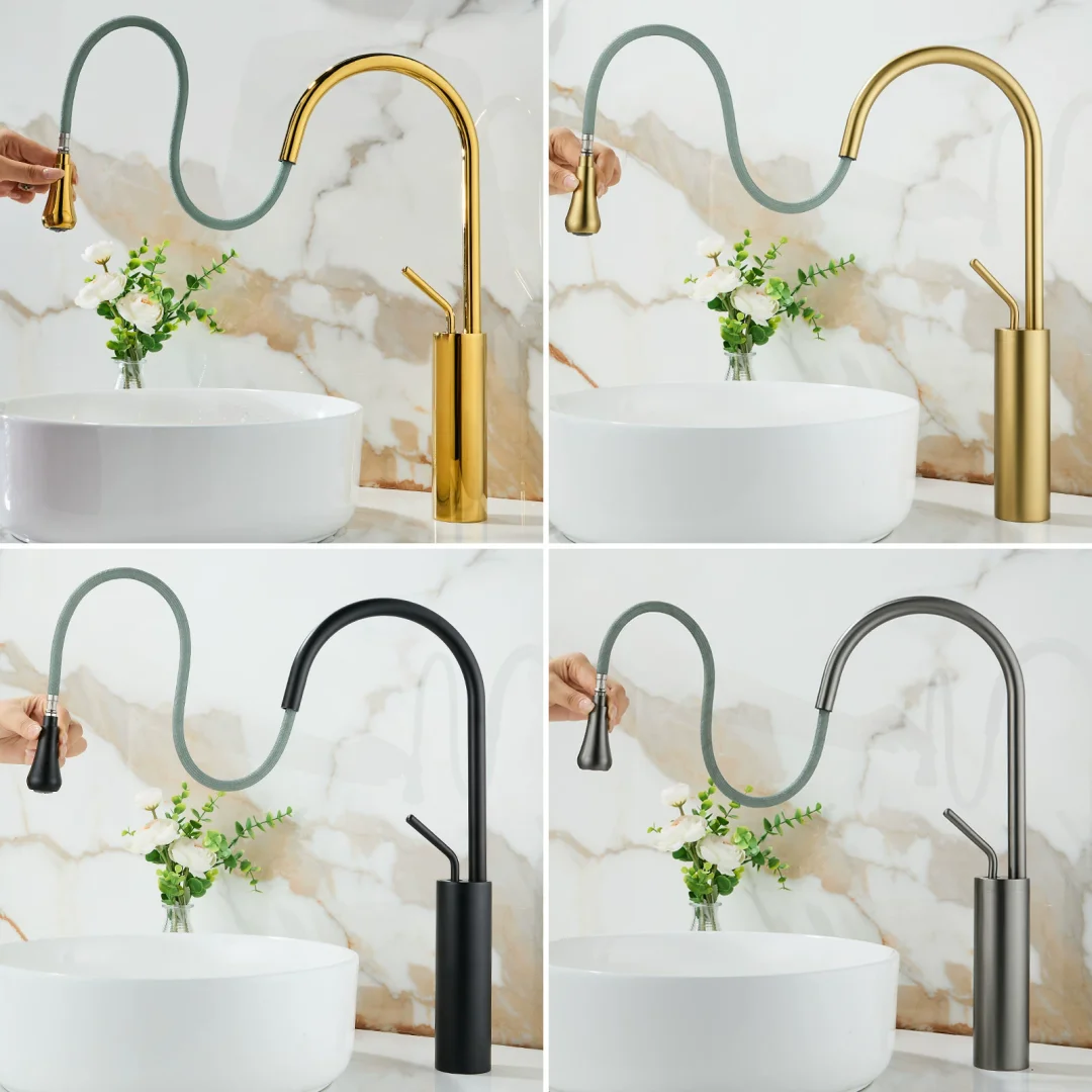 Brushed Gold Pull Out Bathroom Faucet Gold Basin Faucet Pull Out Lavotory Faucet Mixer Sink Tap Bathroom Washbasin Vanity Faucet