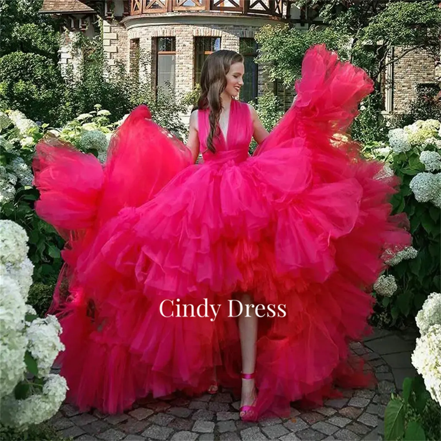 

Cindy Red Tutu Skirt Multi-layered V-neck Woman Party Dress Evening Dresses for Weddings Luxurious Elegant Women 2023 Luxury New