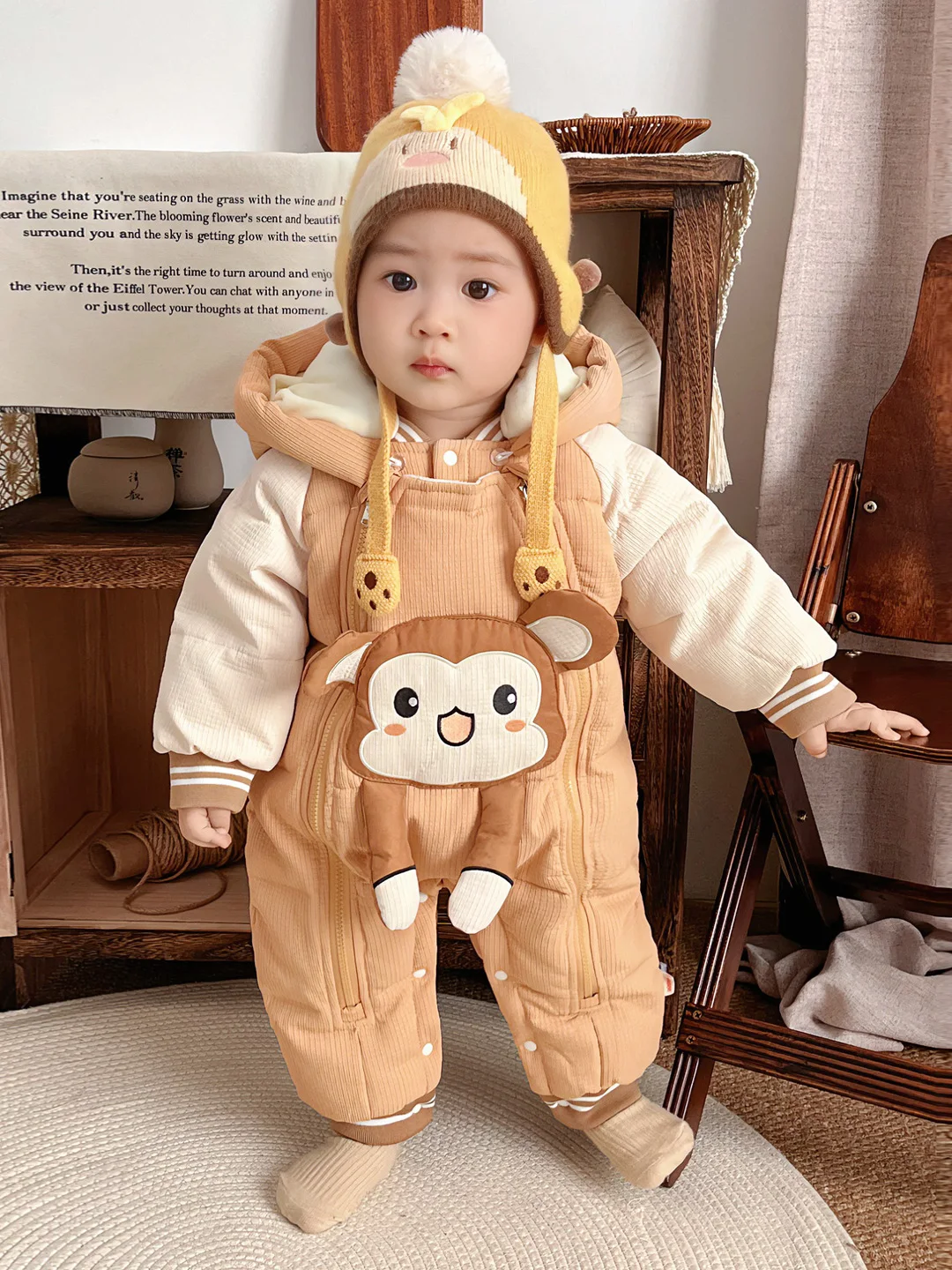 

Baby Winter Clothes Cotton Jumpsuit Cute Faionable Warm ex Casual Cling Suit Harajuku Trendy Long Sve Hooded Zipper