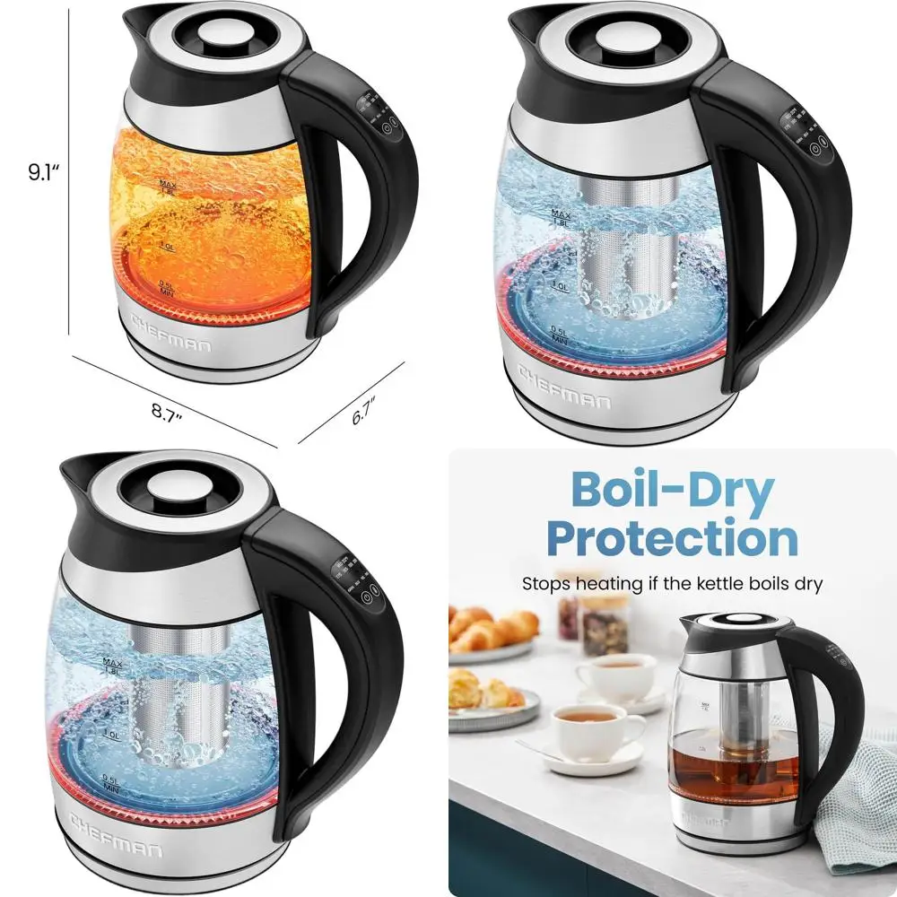 

Стеклянный чайник с регулировкой температуры, 5 предустановленными программами LED-подсветки, съемным заварочным фильтром, вращение на 360° ° Поворотная подставка, 1,8 л, без BPA, из нержавеющей стали