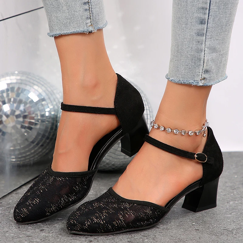 Sexy Black Transparent Pointed Toe Square Heel Women's Pumps Buckle Thin Band Cover Air Mesh Chunky Heels Summer Party Shoes