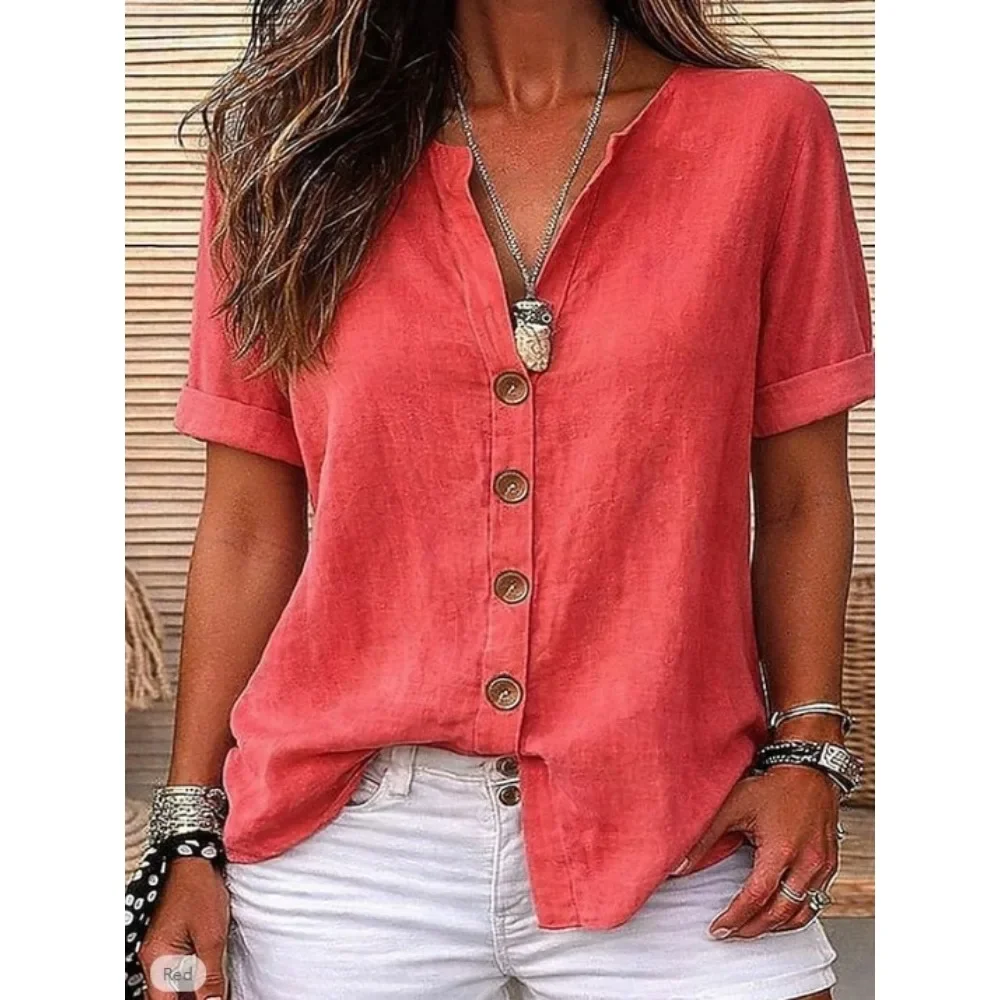 Women Short Sleeve V Neck Single Breasted Solid Casual Shirt Loose Fit Rolled Cuff Fashion Soft Breathable Flattering Comfy New