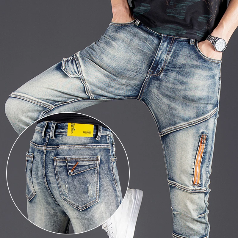 Denim Jeans Men's Fashion Brand Slim Brand Design Motorcycle Style Personalized Zipper Craft Retro Pattern Long Pants