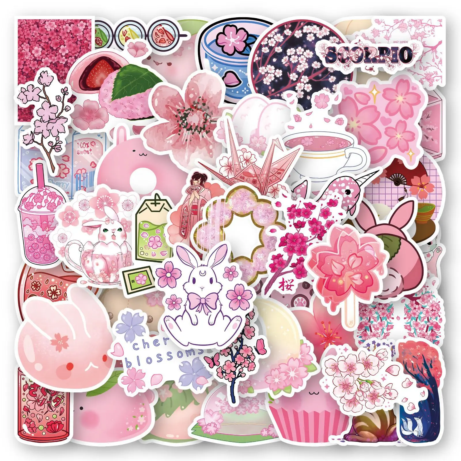 

50Pcs Cute Animal Pink sakura Stickers Aesthetic Girls for Notebook Luggage Stationery Phone Cartoon Graffiti Sticker Toys