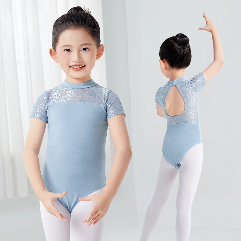 Ballet Leotard for Girls Kids Lace Stand Collar Gymnastics Bodysuit Black Dance Leotard Short Sleeve Teen Swimsuit