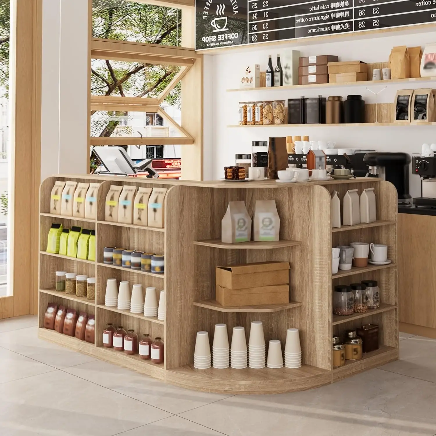 

70 9 L Shape Reception Desk with Open Display Shelving 2 Drawers Cabinets Modern Reception Counter for Shop Oak 70 9 W x 47 2