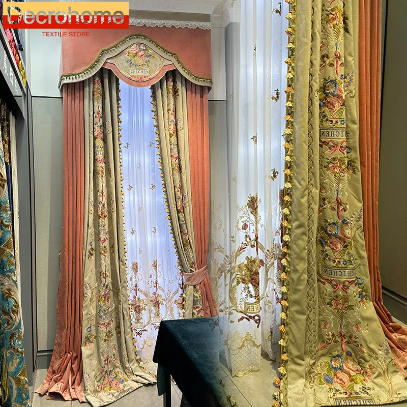 

Custom Embroidered Screen Beige Velvet Splicing Thickened Blackout Curtains for Living Room Bedroom Floating Window French