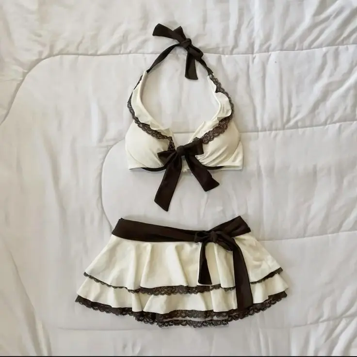 Ropa estética de verano 2000s para mujer, Top corto Kawaii, conjunto de natación con lazo, camisola Sexy Harajuku para mujer Y2k, camisetas sin mangas, camisola coreana