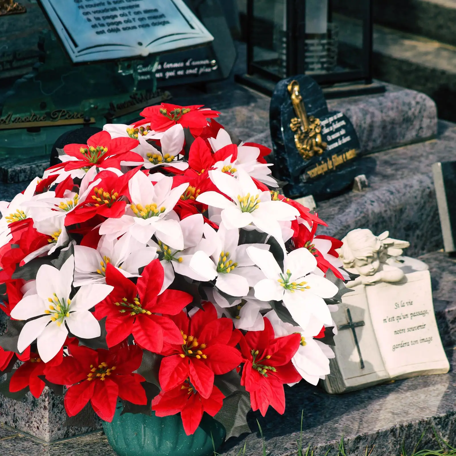 5 رؤوس زهور البونسيتة الاصطناعية باقة عيد الميلاد شجيرات البونسيتة الشتوية لتزيين حفلات عيد الميلاد والعطلات #5