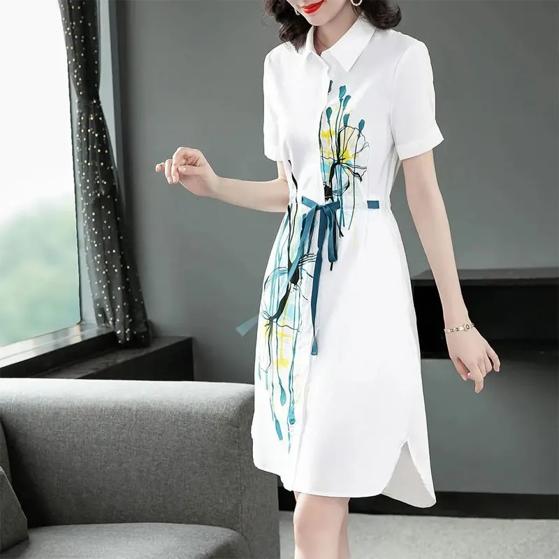 Women's Clothing Fashion Printed Midi Dress Summer Casual Polo-Neck Elegant A-Line Korean Drawstring Bow Asymmetrical Dresses