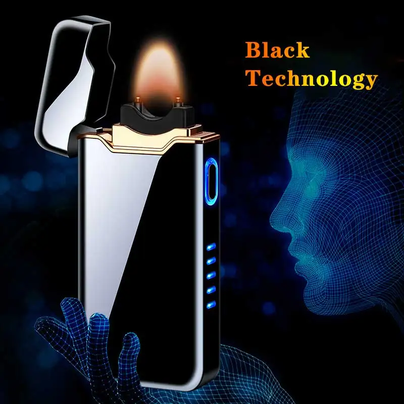 Metal Outdoor Windproof Electric Double Arc USB Lighter Touch Sensing LED Power Display Pulse Big Flame Lighter Men\'s Gift