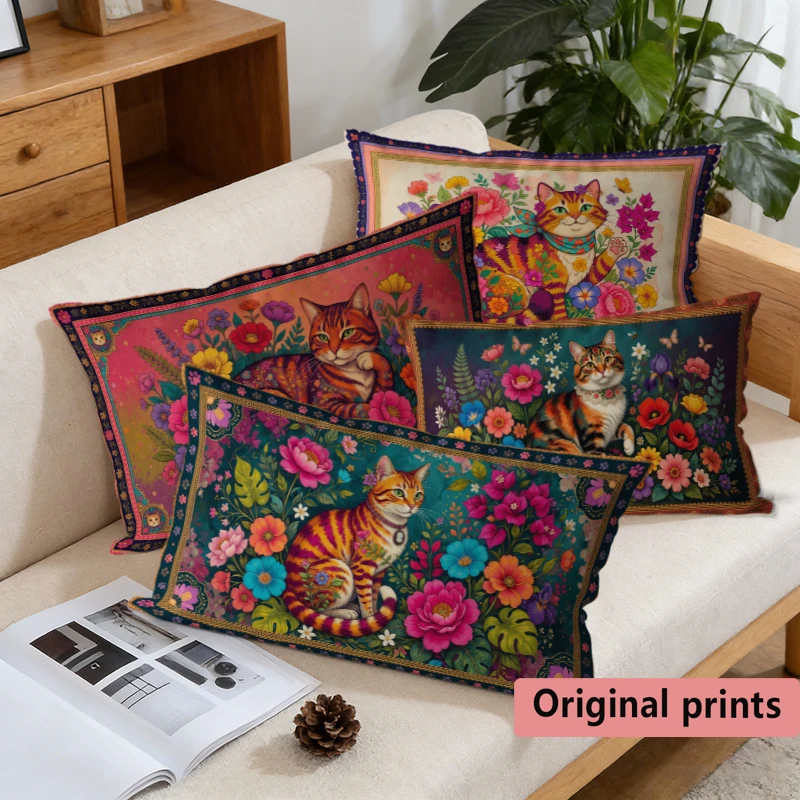Vintage Floral Cat Lumbar Throw Pillow Covers Boho Folk‑art Kitten Rectangular Cushion Case Sofa Couch Bedroom Home Decorative P