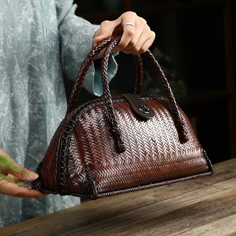 Japanese Style Retro Bamboo Woven Bag High Quality Handmade Handbag Women Bamboo Carrying Bag Kung Fu Tea Set Storage Basket