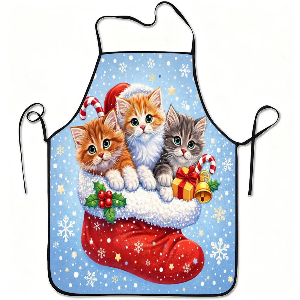 1pc Christmas Kittens in Stocking Print Apron, Durable And Easy to Clean, Adjustable Waistband, Polyester Material, for Kitchen