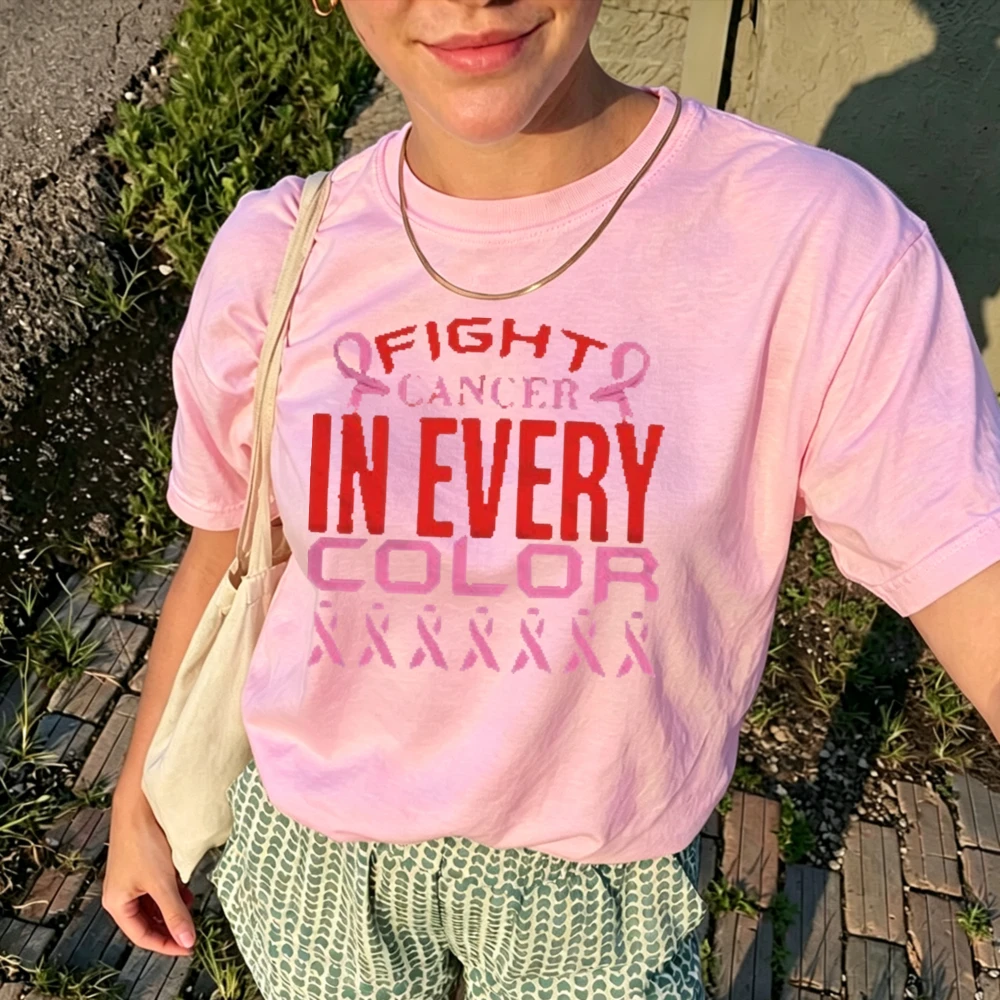 October Breast Cancer Support T-Shirt  Women's Pink Ribbon Awareness Tee Top Cotton Shirts for Men Women Aesthetic Clothes
