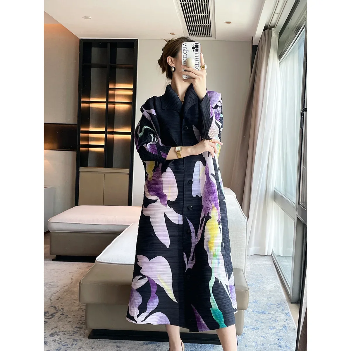 Miyake Pleated Breasted Cardigan 2024 Spring New Women\'s Printed Lapel and Flower Bud Sleeves Summer Women\'s Mid Length Dress