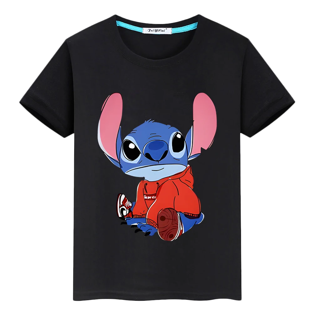 Disney Stitch Print T-shirt para Crianças, 100% Algodão, orgulho Kawaii Short, Disney Anime Tops, Roupas Meninas Y2K, Roupas Masculinas, 10 Anos