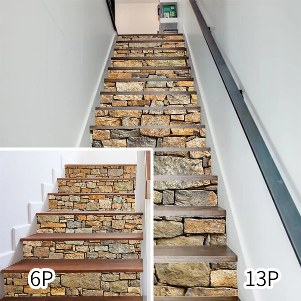 Creative 3D staircase sticker, Imitation stone texture pattern self-adhesive step decal, PVC wall sticker home decor, 6PCS/13PCS