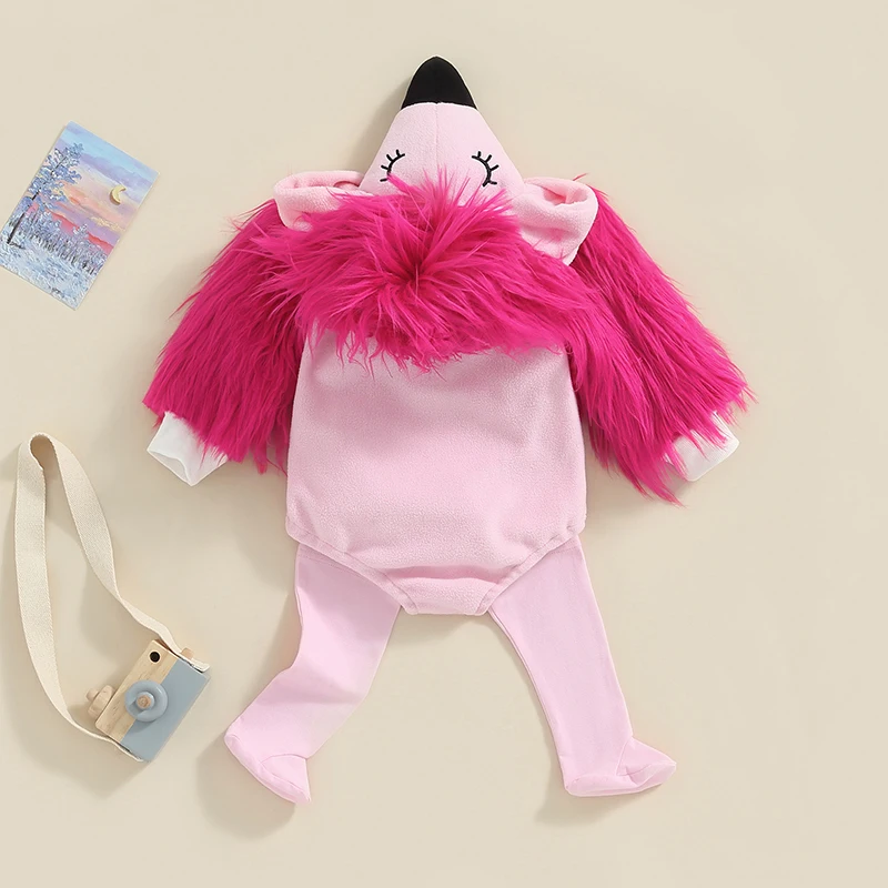 2023-07-05 Lioraitiin 0-24M Newborn Baby Girl Flamingo Costume Fuzzy Long Sleeve Romper with Leg Warmers Halloween Outfits