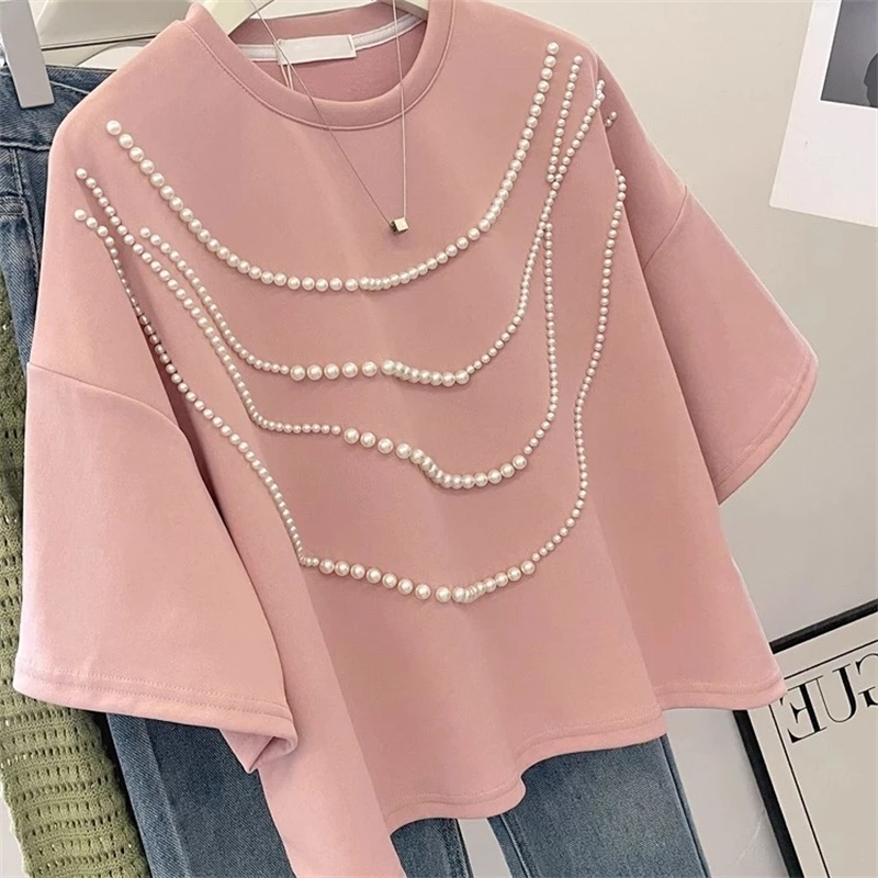 تي شيرت كوري Sle بتصميم جميل ثقيل مزين ort Sve تي شيرت نسائي صيفي كسول فضفاض متعدد الاستخدامات للتنحيف مستدير Ne