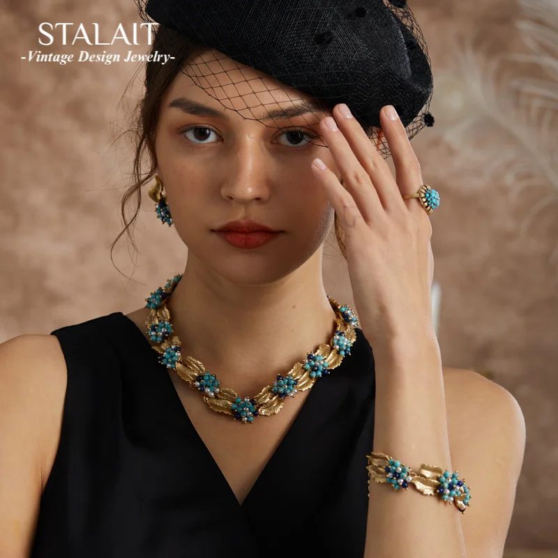 

Vintage Turquoise Necklace Earrings Jewelry Sets Antique Gold Color Leaf Beads Ball Copper Blue Stone Woman Party Accessories