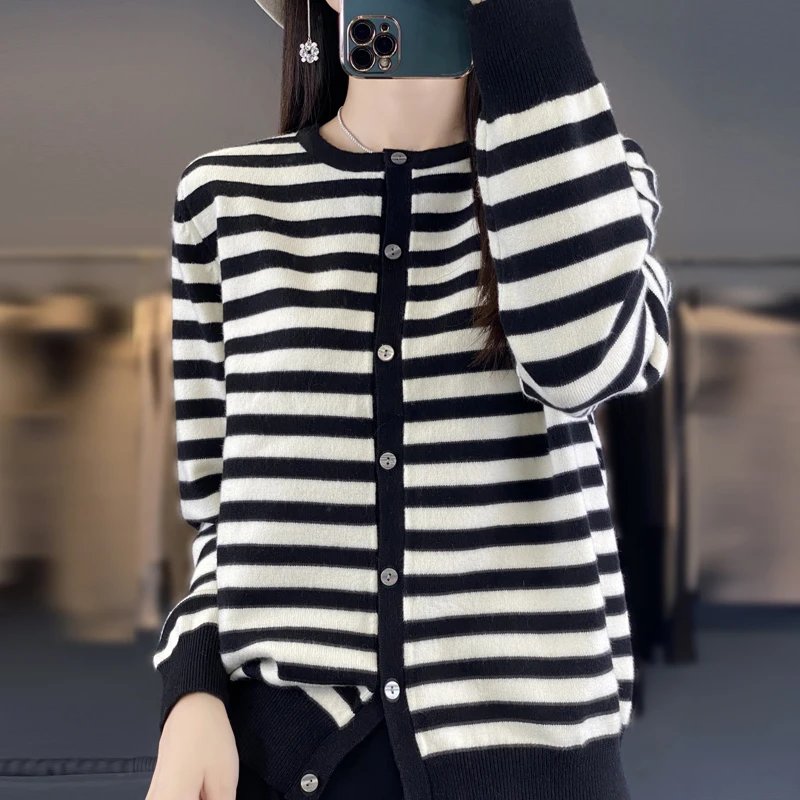 Autumn Winter New Women O-neck Classics Strip Cardigan Pure Wool Fashion Soft Warm Sweater Cashmere Loose Casual Knit Base Top