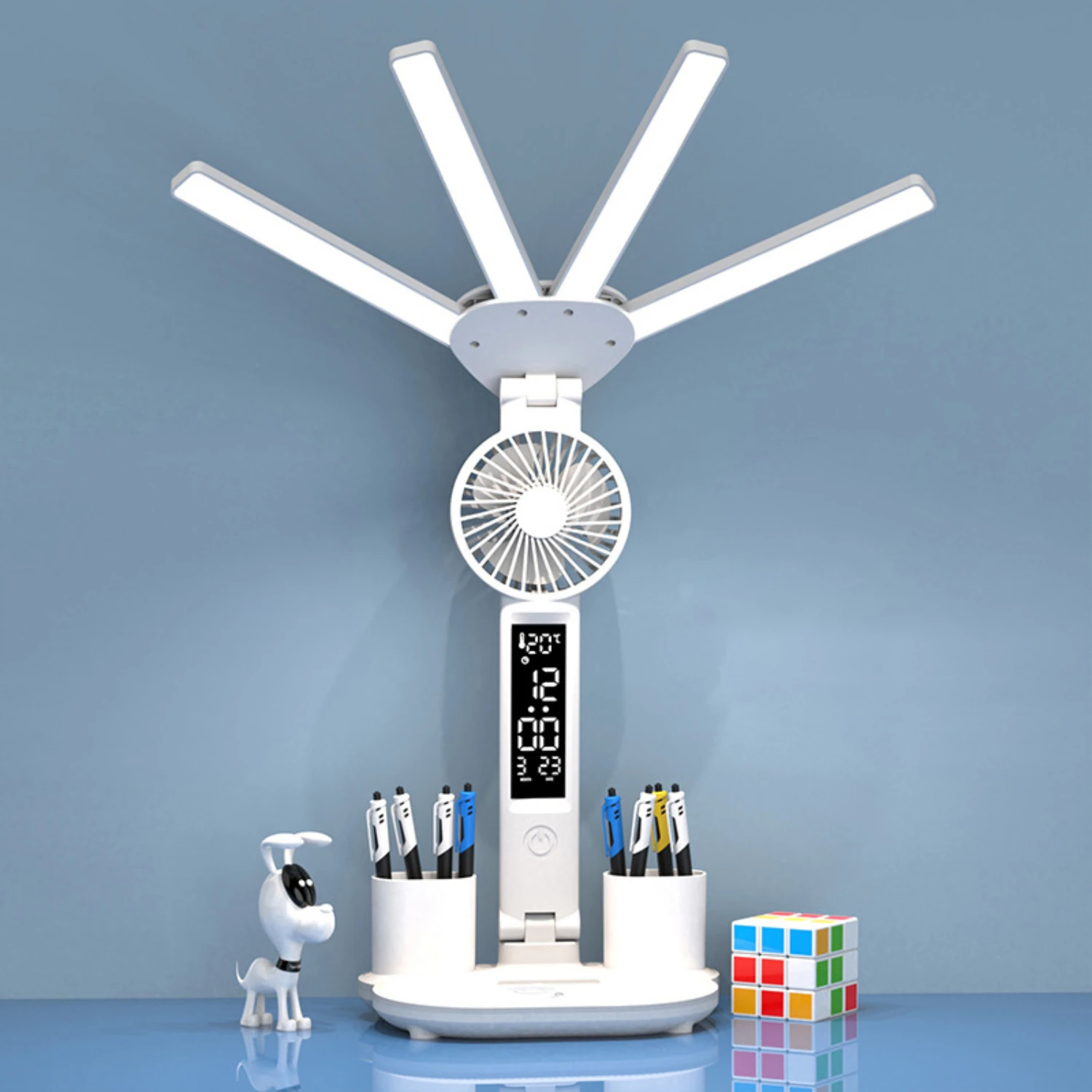 Rechargeable LED Table Lamp with Fan - Ideal for Studying On-the-Go - Convenient Clock Display - Versatile Workspace Addition - 