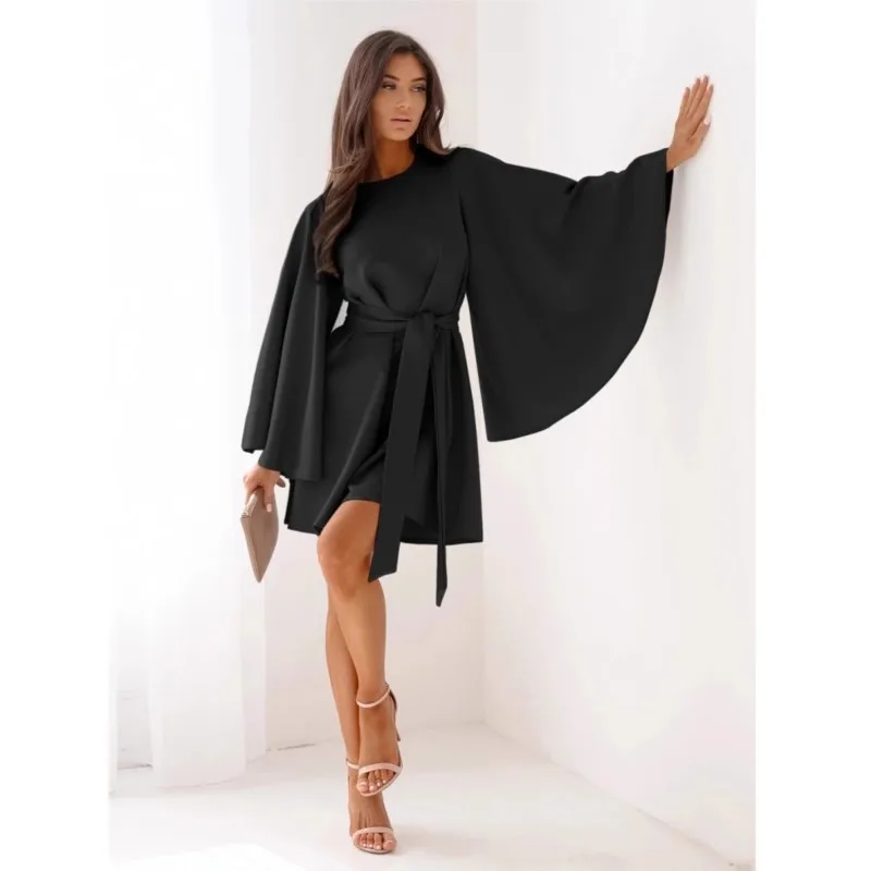 

Fashionable Solid Color Round Neck Bell Sleeves Lace Up Waist Dress Women's Autumn Long Sleeve Short Dress Elegant Party Dresses