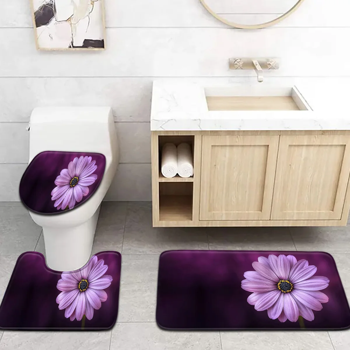 3pcs Vibrant Purple Daisy Bath Mat Set, Non-Slip Fade-Resistant Polyester, Rectangular & U-Shaped Floor Mats for Bathroom Decor