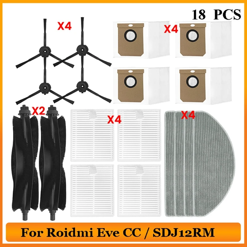 HOT！-For Roidmi Eve CC / SDJ12RM Robot Vacuum Cleaner Spare Part Main Roller Side Brush Hepa Filter Mop Cloth Dust Bags