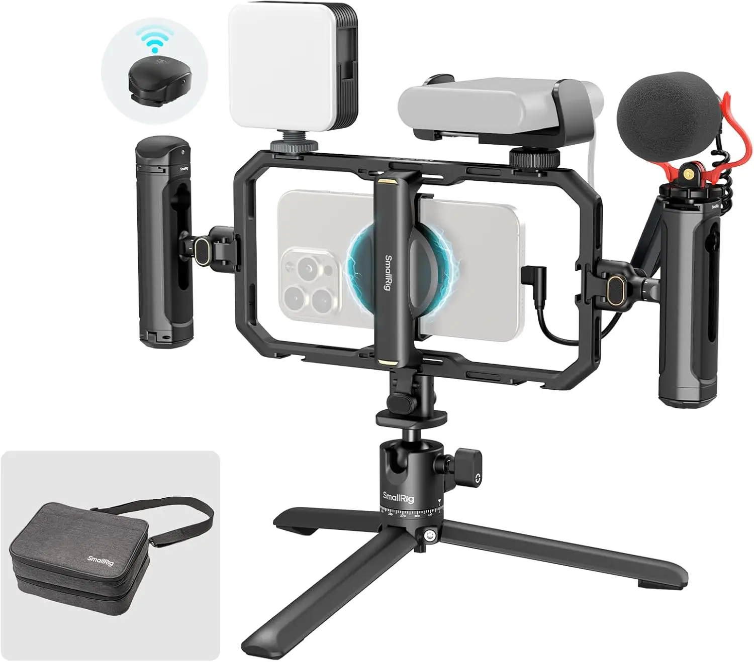 

All-in-One Phone Video Rig Kit with LED, Mic, Tripod, Dual Handles, Power Bank Holder for Creators & Live Streaming - 47