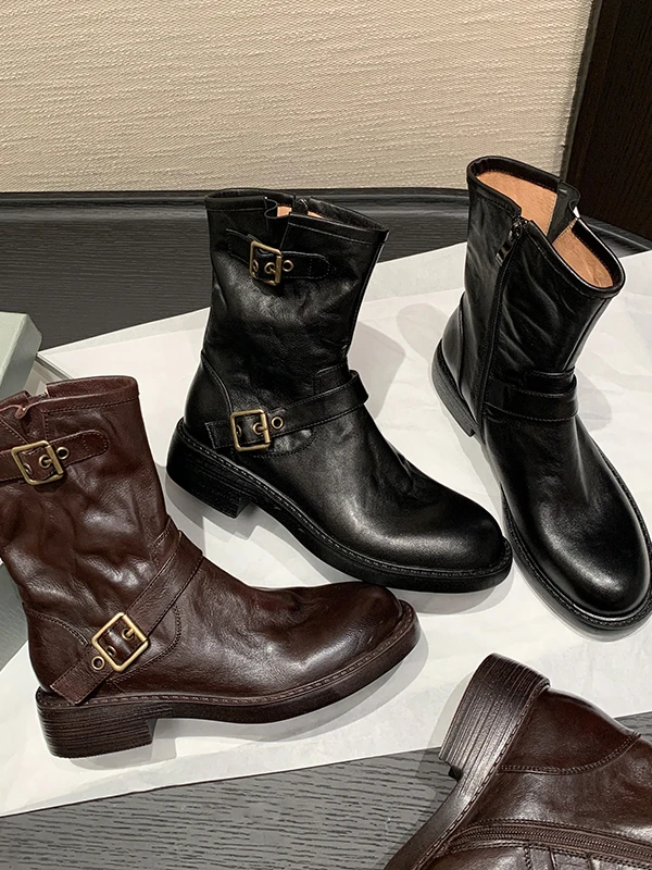 

Ретро-ботинки Thi Bot для женщин, осенне-зимние, черные, универсальные, на плоской подошве, мотоциклетные, из мягкой кожи, короткие ботинки