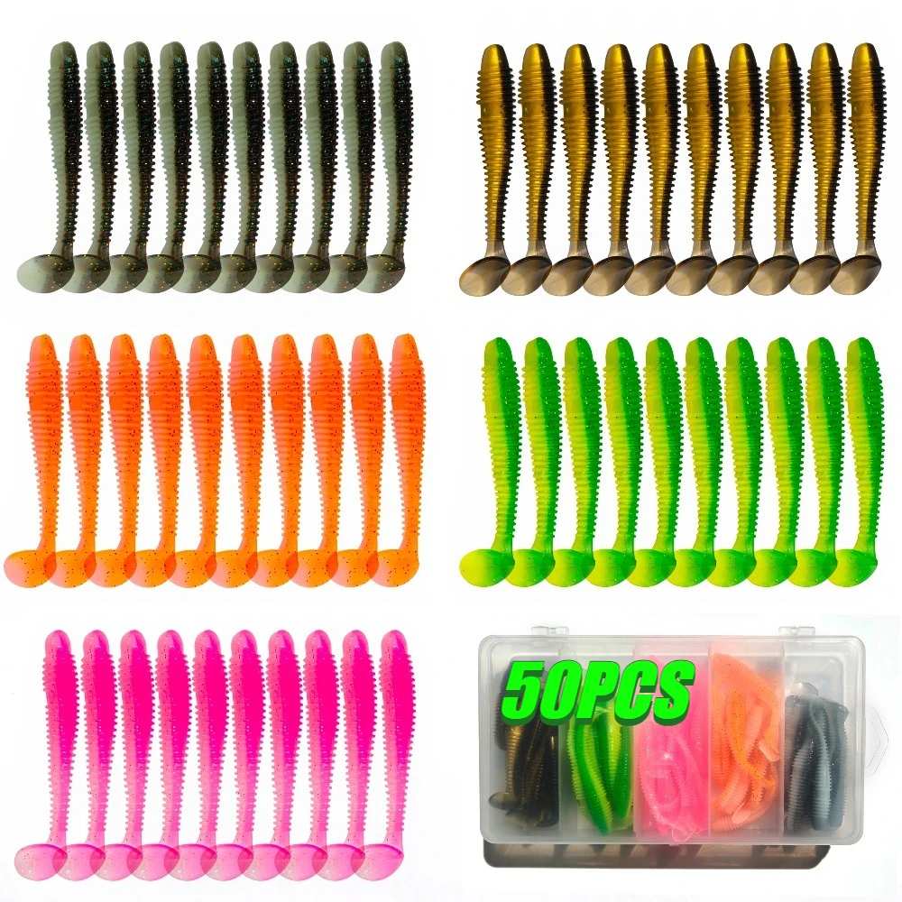 50-teiliges Set Weichköder 5,5cm/6,5cm/7cm Sortierte Größen Künstliche Plastik-Wurmköder-Kit für Barsch, Forelle, Süß- und Salzwasser