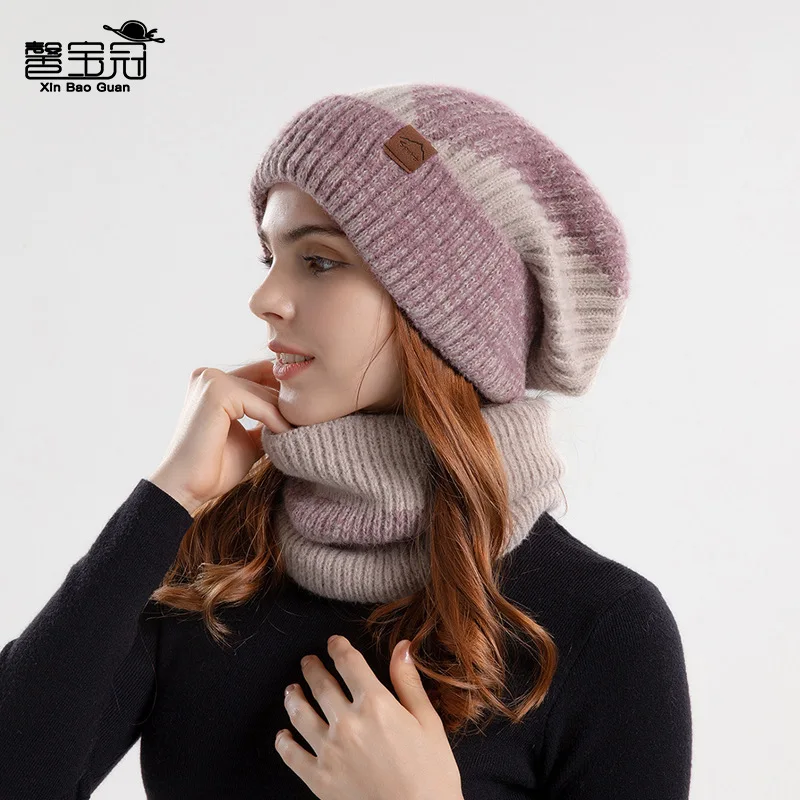 Winter Cross-Border Two-Color Hat Women's Thickened Warm Ear Protection Woolen Hat Plus Velvet Scarf Two-Piece Knitted Hat