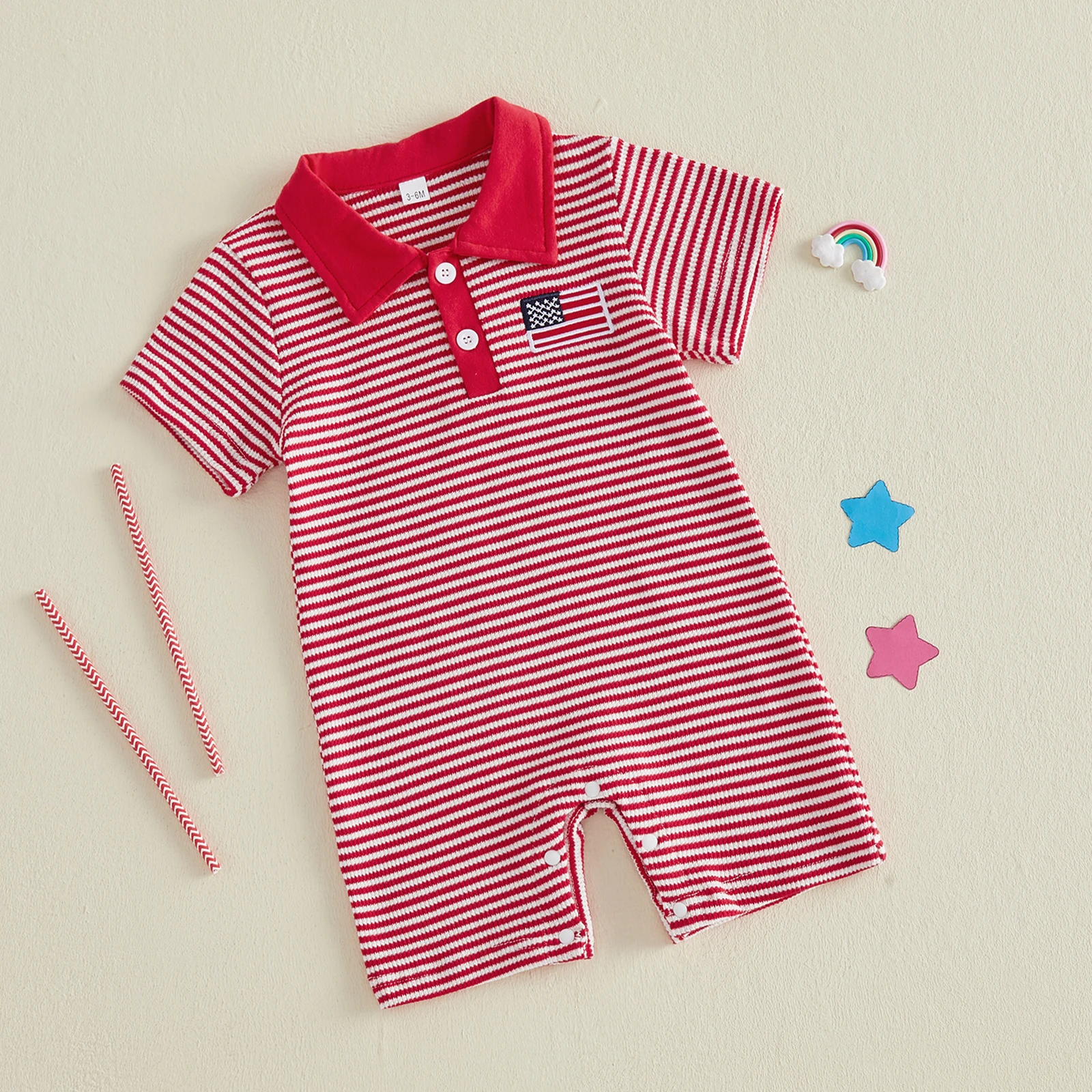 Newborn 4th of July Baby Boy Outfit Short Sleeve Waffle Knit Collared American Flag Embroidery Romper Jumpsuit Clothes