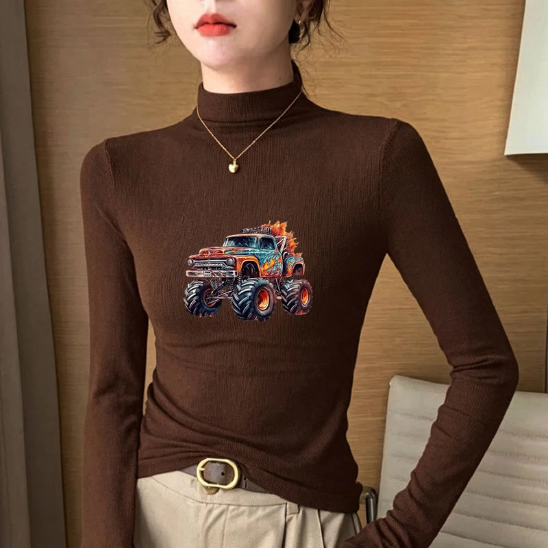2026 New Autumn Winter Thermal Brushed Fleece Long Sleeve Graphic Print T shirt Blouses Female Warm Shirt Women Top