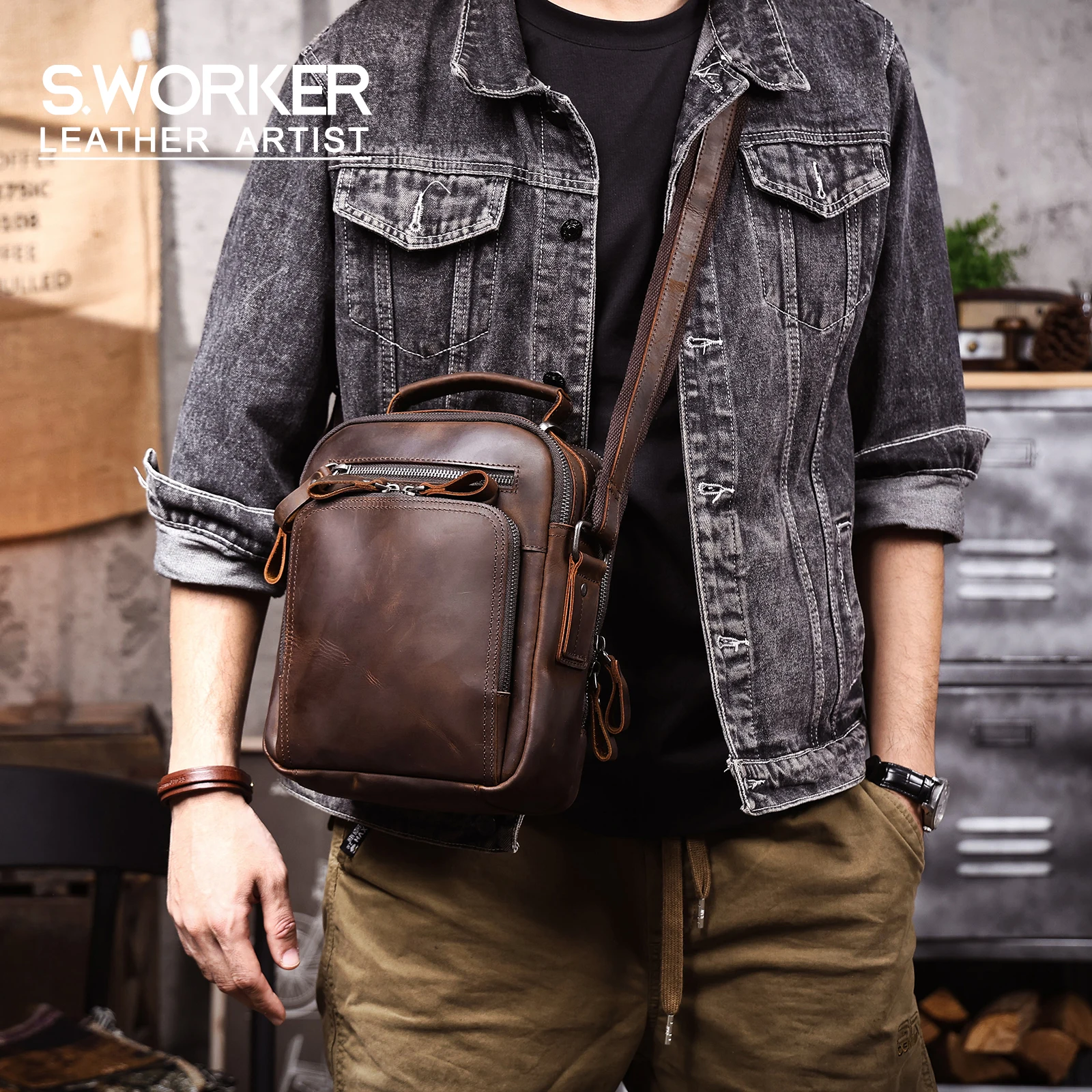 Vintage Leder-Umhängetasche für Herren, Lässige Crossbody-Tasche, Herren-Schultertasche aus Crazy-Horse-Leder, Handgefertigt – Detail 2