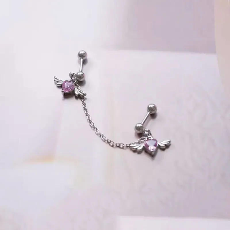 1pc Helix Piercing Chain Earrings For Women Sweet Cool Style Zircon Heart With Wings Double Screw Stud Ear Accessories KDE211 image 3