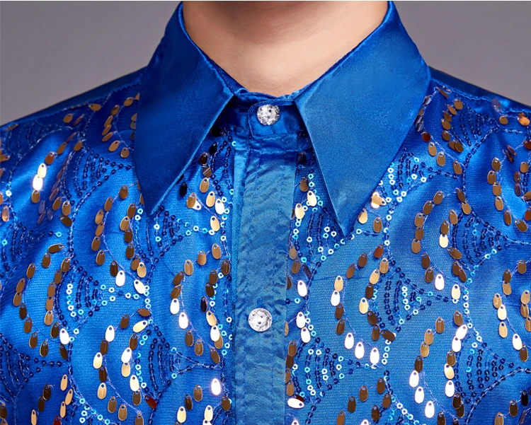 Shiny Royal Blue Sequin Satin Mens Dress Shirts Long Sleeve Slim Fit Glitter Nightclub Shirt Men Party Stage Prom Chorus Chemise