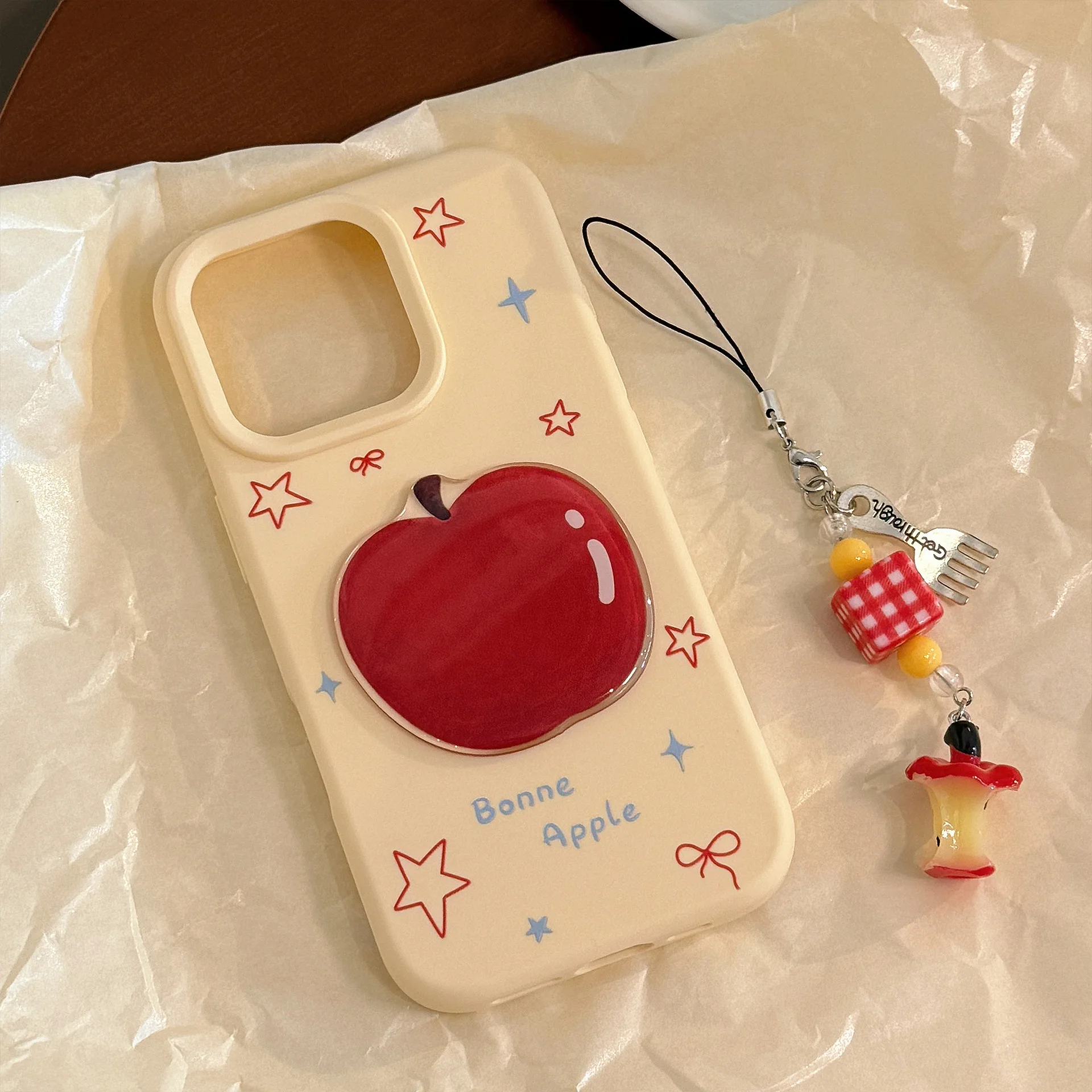 Koreanischer 3D-Cartoon-roter Apfel mit Gabel, Apfelkern-Anhänger, weiche Handyhülle für iPhone 16, 15, 14, 13, 12 Pro Max, stoßfeste Abdeckung