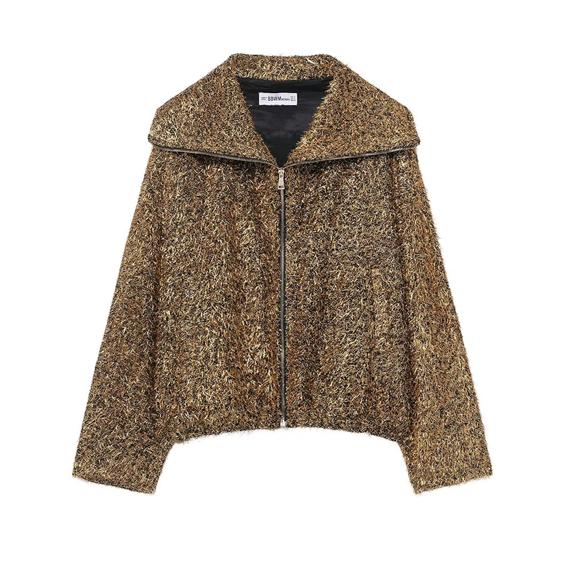 Willshela Women Fashion Golden Front Zipper Jackets Vintage Lapel Neck Long Sleeves Female Chic Lady Coats Outfits