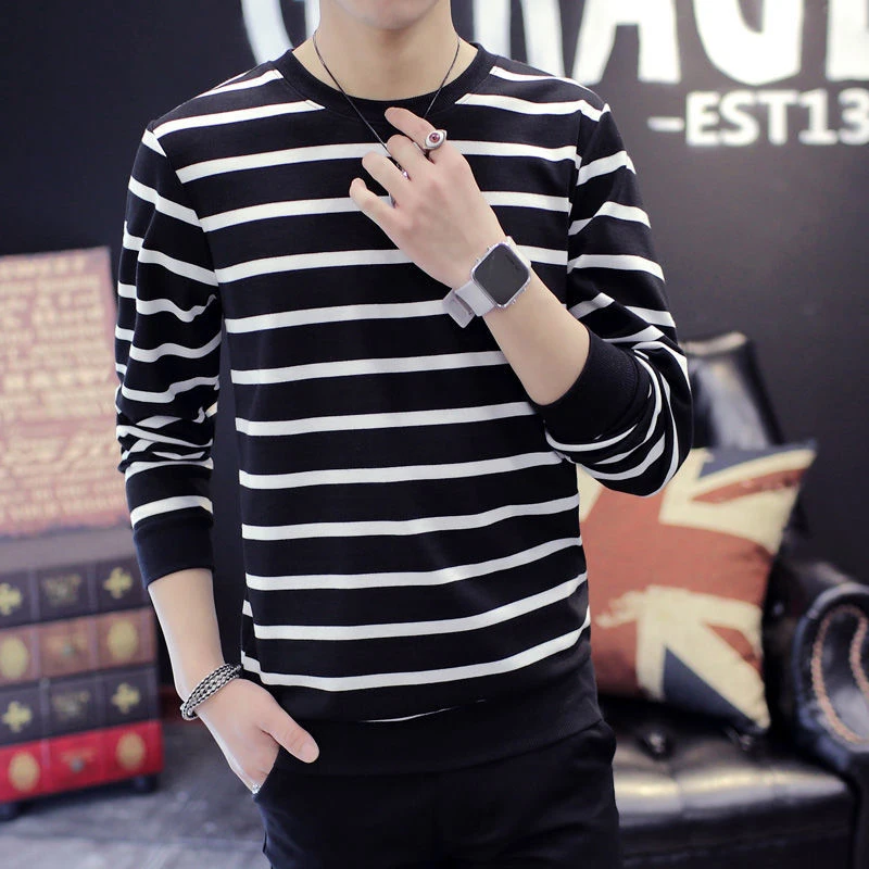 Autumn Winter Striped Print O Neck Long Sleeve Men Sweatshirt Korean Fashion Slim Fit All-match Casual Oversize Pullover T Shirt