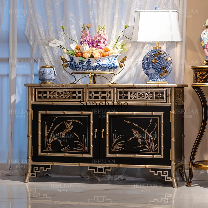 American rural luxury solid wood gold foil hand-painted 1.4 meters bamboo joint storage foyer entrance cabinet
