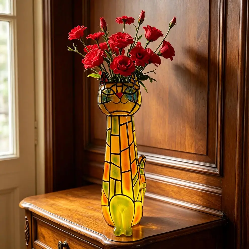 

Stained Glass Cat Lamp, Vintage Resin Cat Decorative Vase, Small Animal Tabletop Night Light for Living Room Bedroom Home Office